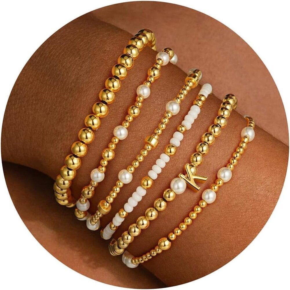 Beaded Initial Bracelets Women Girls Jewelry Gifts 6PCS Set Elastic Stackable - Picture 1 of 9